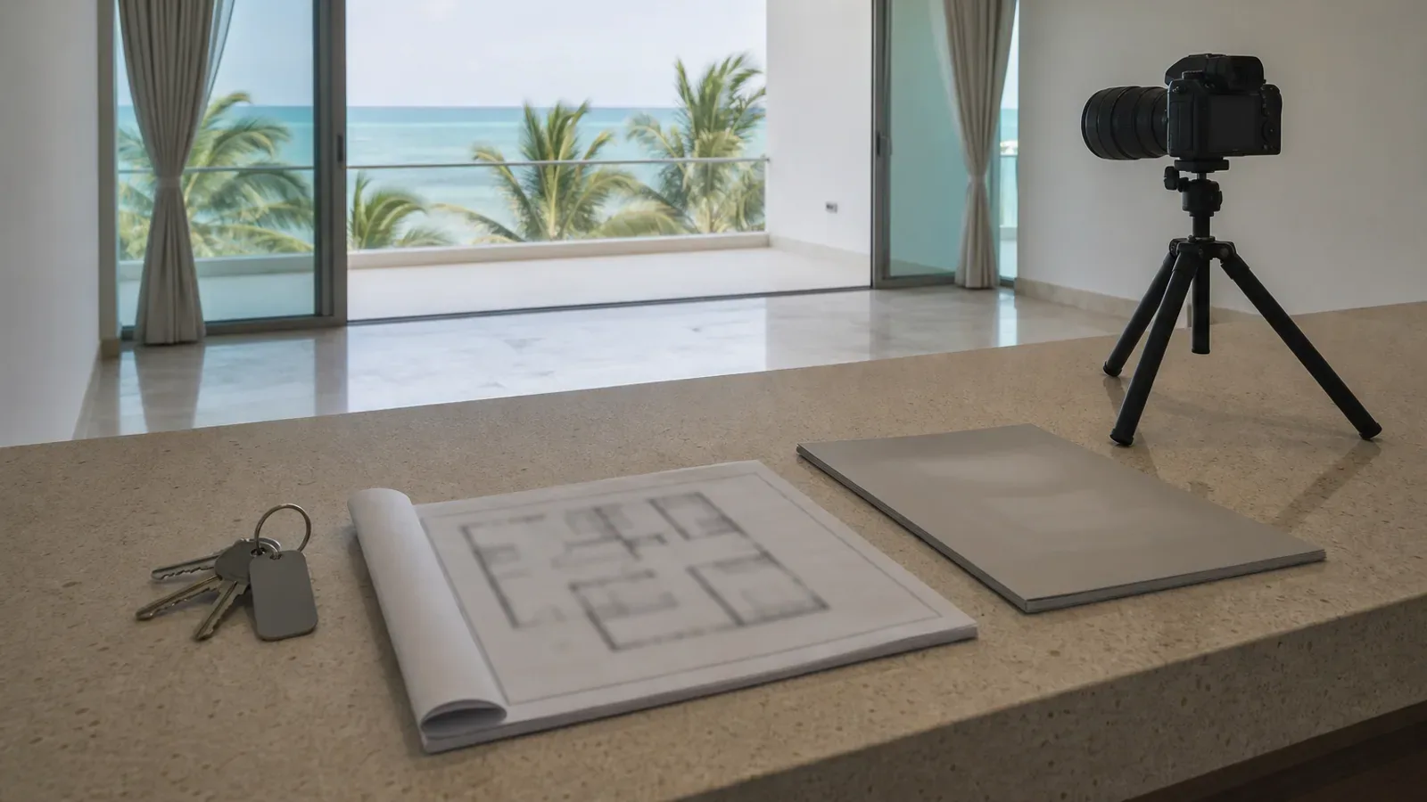 Un departamento en la costa de Quintana Roo preparado para salir al mercado: llaves, plano y cámara sobre la barra, la terraza abierta al Caribe.