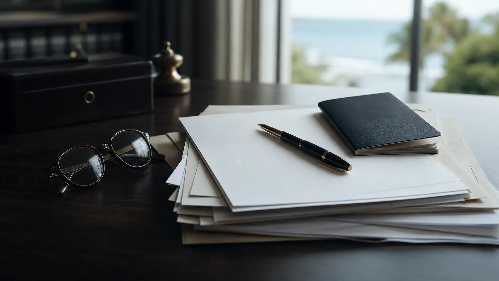 Escritorio de notaría con documentos de fideicomiso, pasaporte y pluma