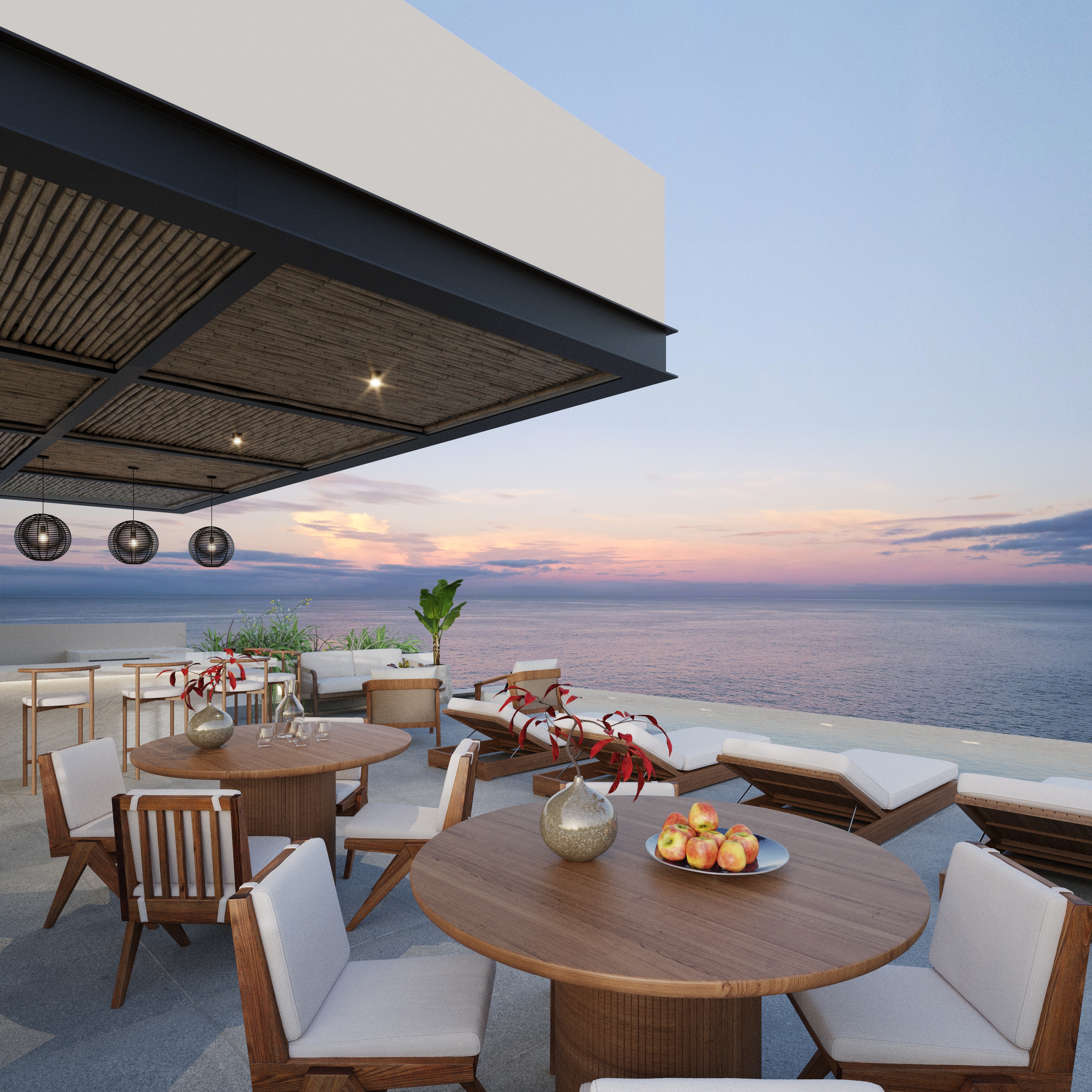 Elegante roof  ofrece un espacio único para relajarse y disfrutar de vistas panorámicas del mar Caribe. Con cómodas áreas de descanso, una piscina infinita y detalles de diseño sofisticado, es el lugar perfecto para contemplar los atardeceres de Playa del Carmen. 