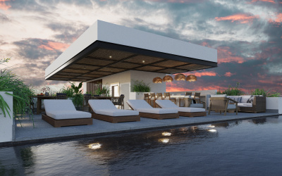 El roof top de este desarrollo residencial es un verdadero oasis frente al mar, diseñado para el disfrute y la relajación. Con una vista impresionante del océano, cuenta con una piscina infinita, camastros y áreas.